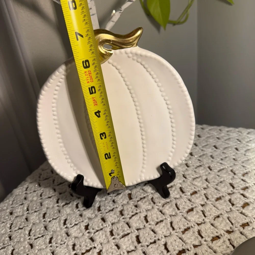 6.5” White Pumpkin Shaped Appetizer Plate with Gold Stem